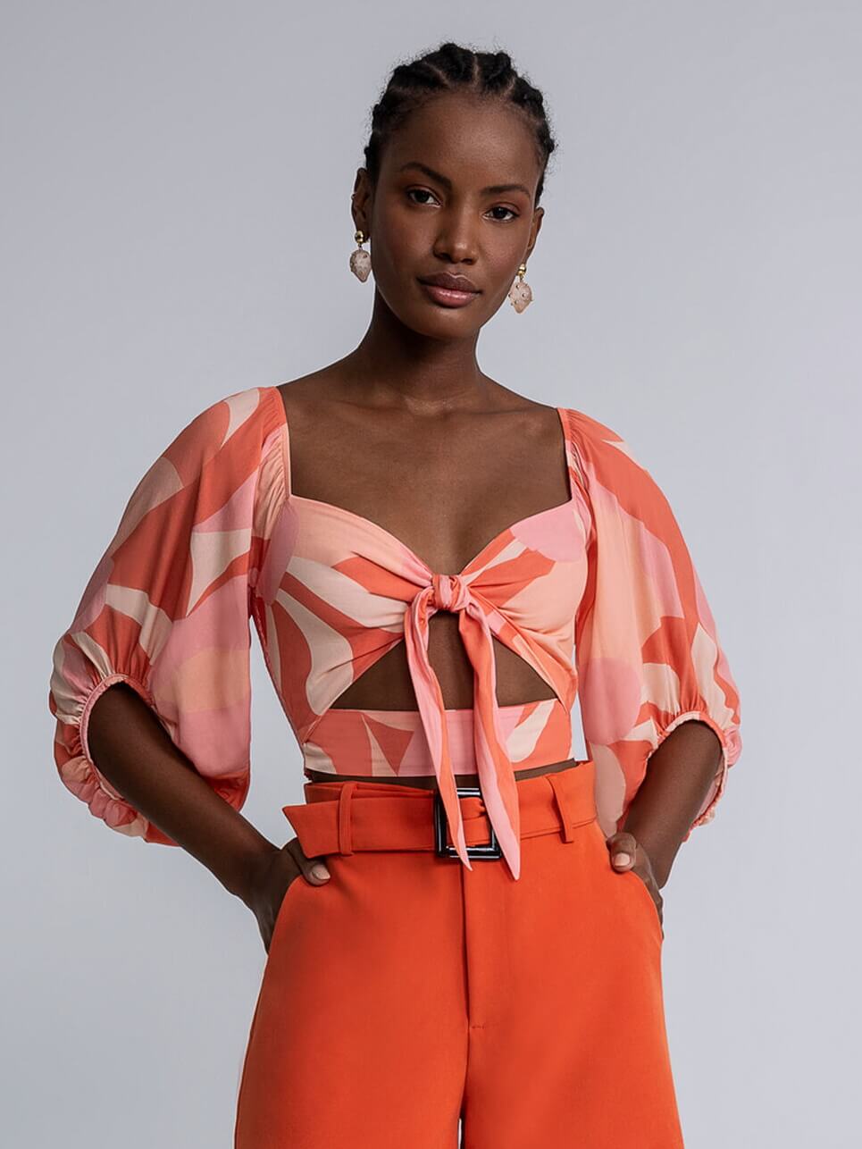 Vilamoura Tie-Front Crop Top — Coral Print by JOLOVERS