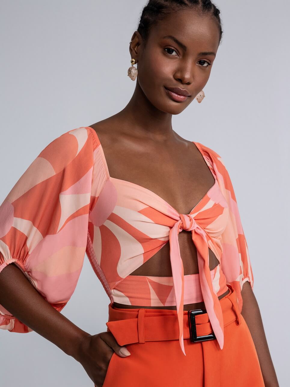 Vilamoura Tie-Front Crop Top — Coral Print – view 4