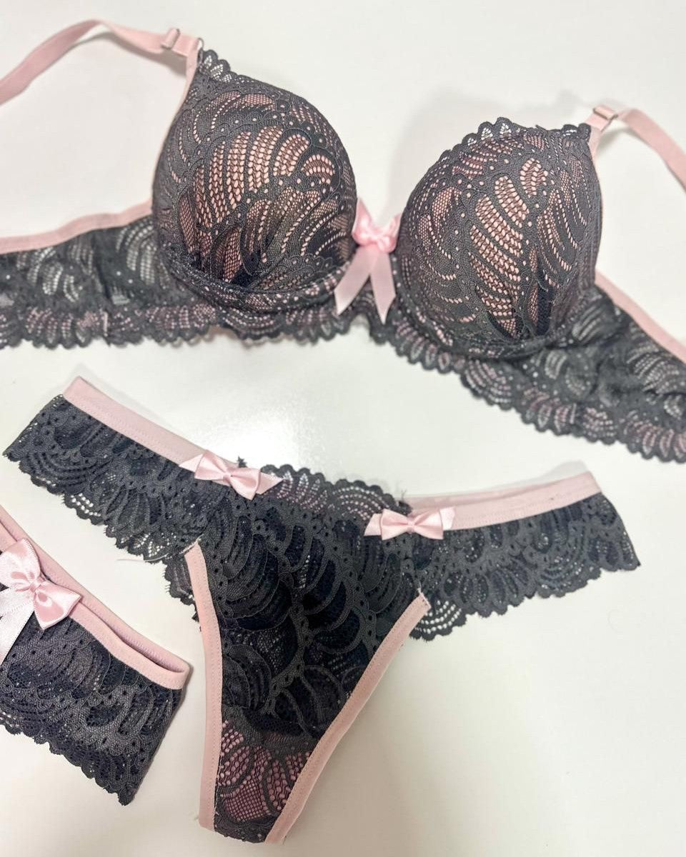 Marinha Lace Set with Garter · Grey